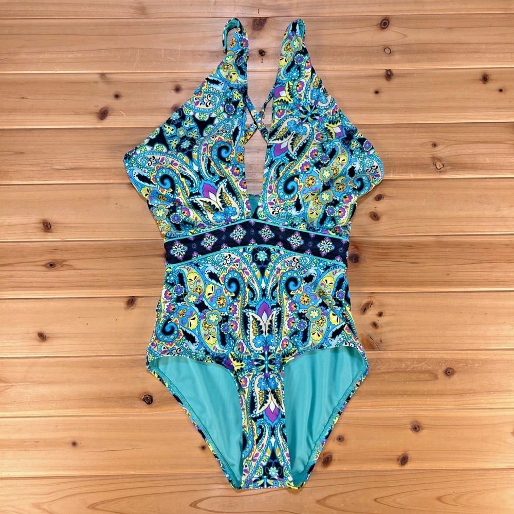NEW Laundry by Shelli Segal Swimsuit Womens Small Teal Paisley One-Piece
